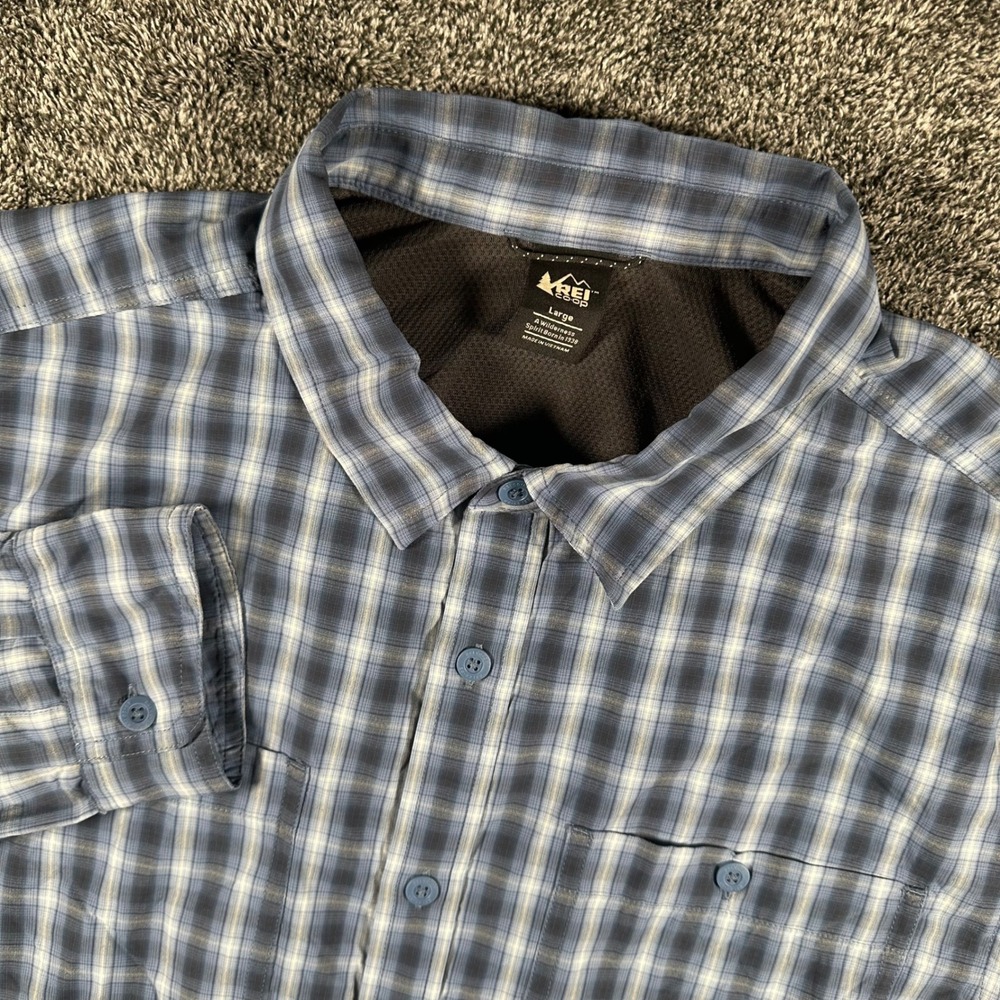 REI Co-op Shirt Mens Large Plaid Blue Button Down Hiking Long Sleeve Technical